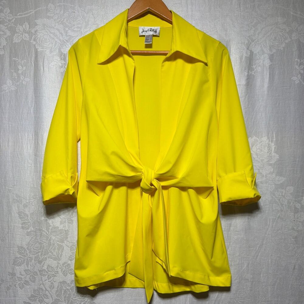 Joseph Ribkoff Blouse 12 Bright Yellow Collared Tie Front Cuffed Sleeve